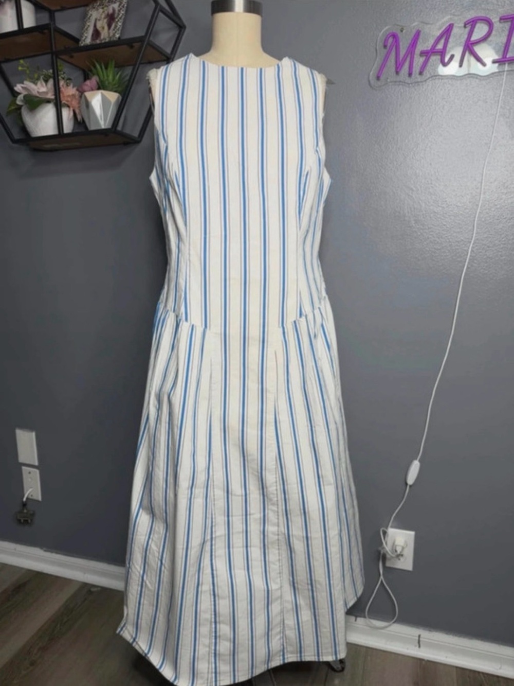 Sleeveless Striped Summer Dress in White and Light Blue